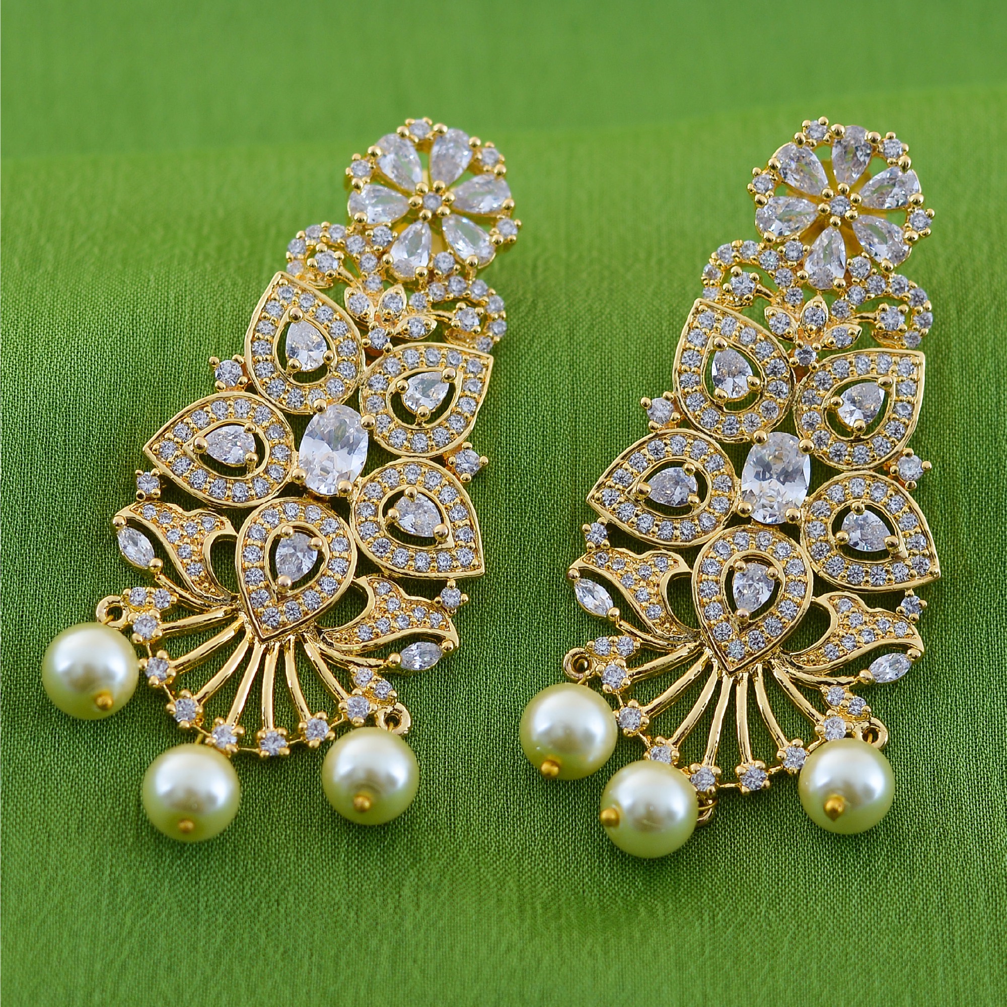 Premium Quality Cz Stone Earring With Flower Designed White Stones  Highlighted Green Stone Earring buy Online