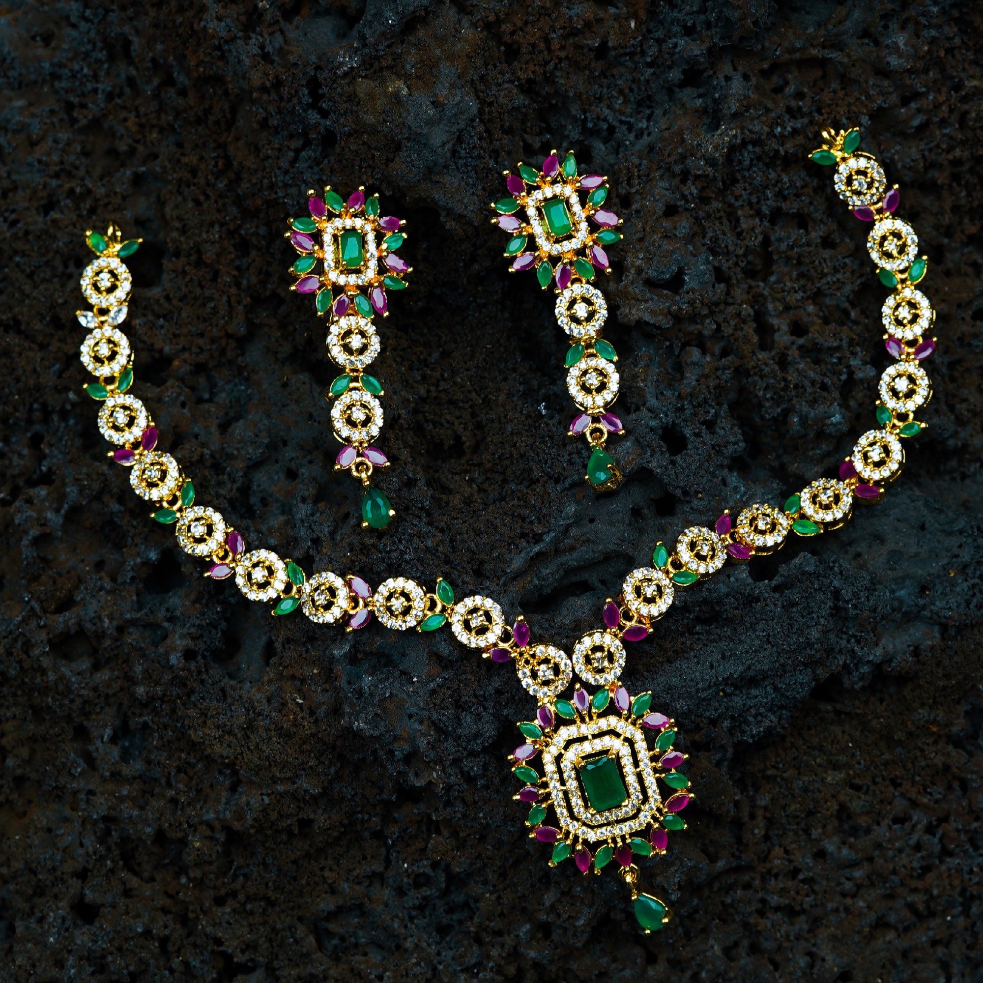 Buy Green Stone Emerald Embellished Necklace Set by Saga Jewels Online at  Aza Fashions.